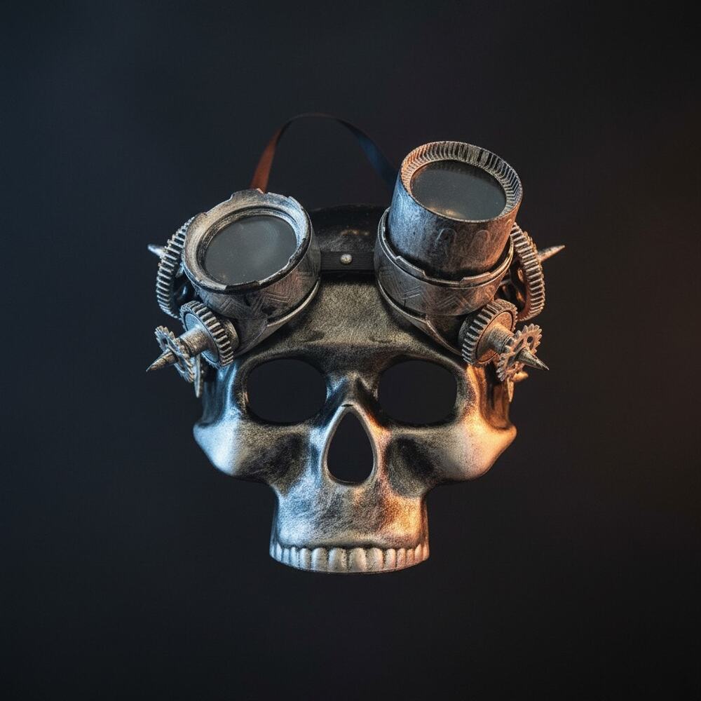 Steampunk Skull Mask-Silver-Black-Goggles-Gears-Gothic-Halloween-Cosplay-Costume